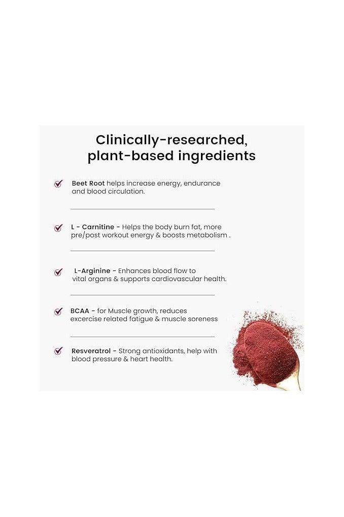 Rooted Actives Power Beets (250 grams) - Organic Beet root powder with L arginine,L Carnitine,BCAA,Reservatrol & Stevia|Heart,Endurance,Nitric oxide booster| Beets Powder Supplement & Pre Workout - Image 2