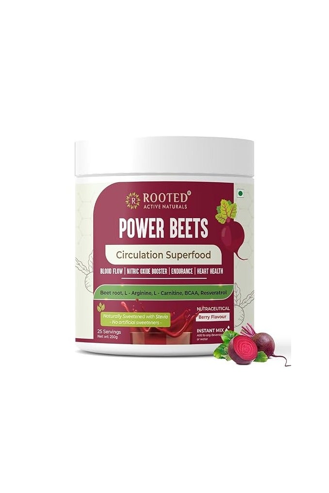 Rooted Actives Power Beets (250 grams) - Organic Beet root powder with L arginine,L Carnitine,BCAA,Reservatrol & Stevia|Heart,Endurance,Nitric oxide booster| Beets Powder Supplement & Pre Workout - Image 1