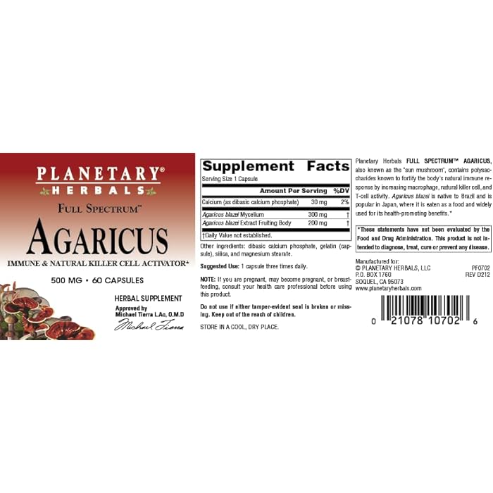Planetary Herbals Agaricus Extract Full Spectrum Capsules, 500 mg, 60 Count - Image 4