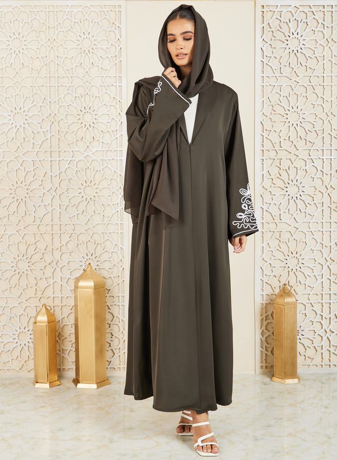 Modiste Contrast Thick Embroidered Button Closure Abaya by Styli - Image 1