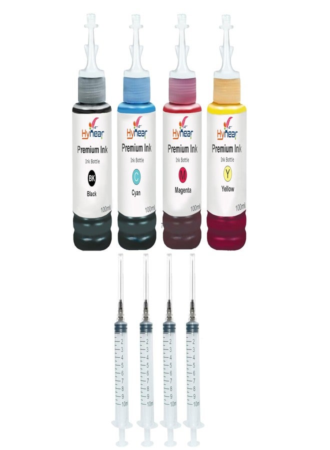Hynear Refill Ink Bottle Set with Syringe Suitable for Deskjet Ink Advantage 1515 All-in-One Printer Cyan, Black, Magenta & Yellow (100ml X 4 Bottle + 4Syringe)