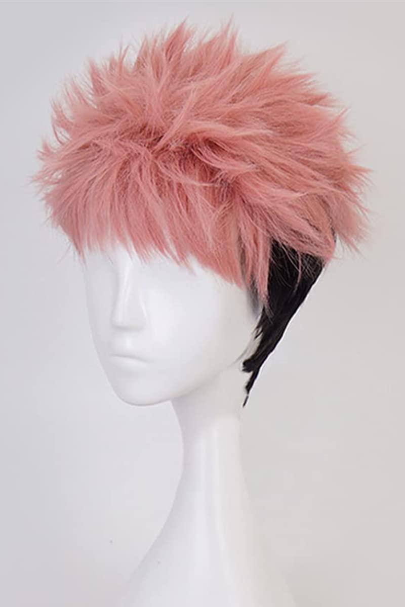 LeMarnia Men's Short Wavy Wig Pink Ombre Black Bangs Anime Styling Wig for Halloween itadori Cosplay Costume Wig - Image 3