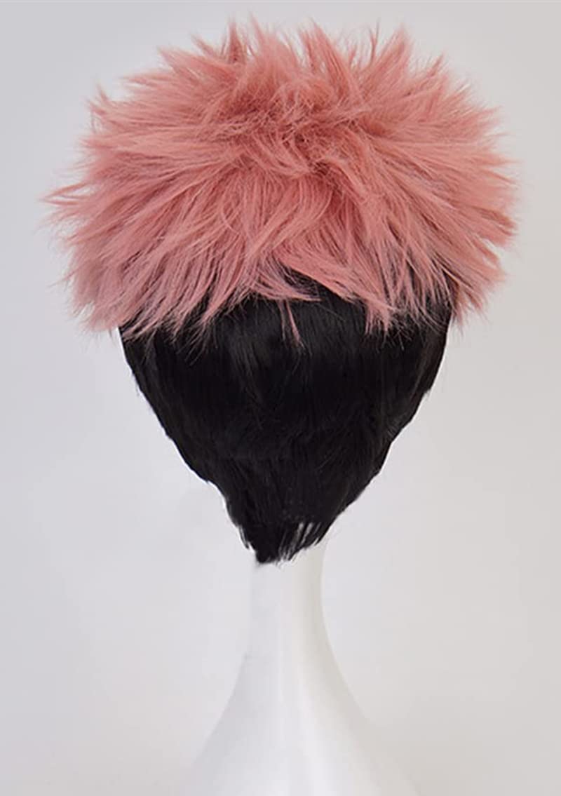 LeMarnia Men's Short Wavy Wig Pink Ombre Black Bangs Anime Styling Wig for Halloween itadori Cosplay Costume Wig - Image 4