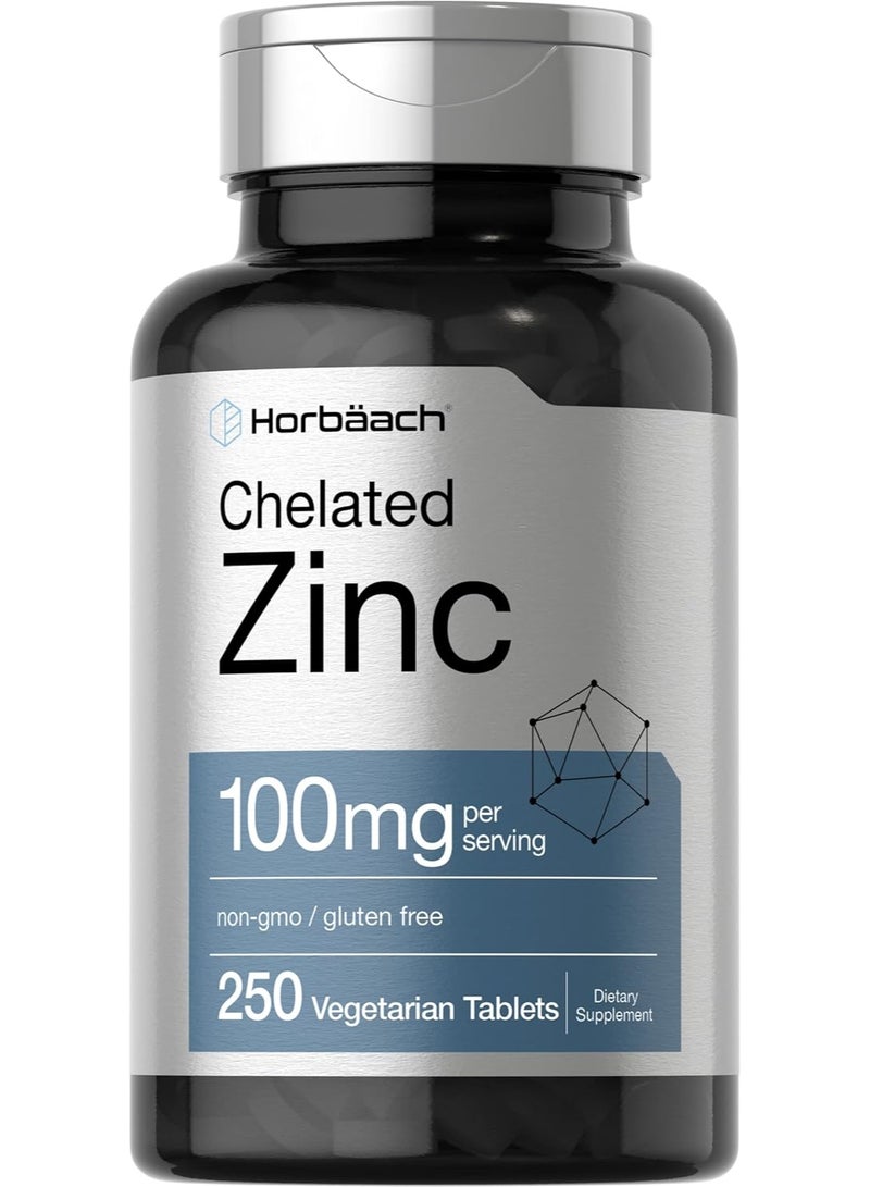 Horbäach Chelated Zinc Supplement 100mg | 250 Tablets | High Potency & Superior Absorption | Vegetarian, Non-GMO, Gluten Free - Image 1