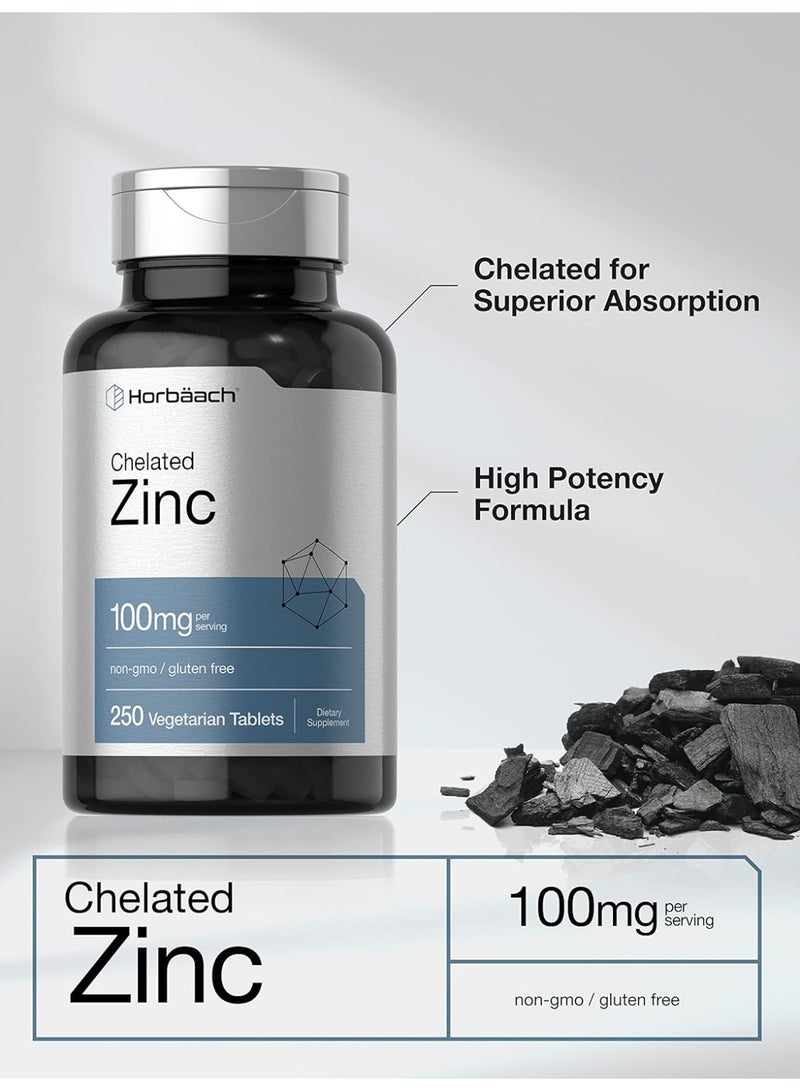 Horbäach Chelated Zinc Supplement 100mg | 250 Tablets | High Potency & Superior Absorption | Vegetarian, Non-GMO, Gluten Free - Image 3