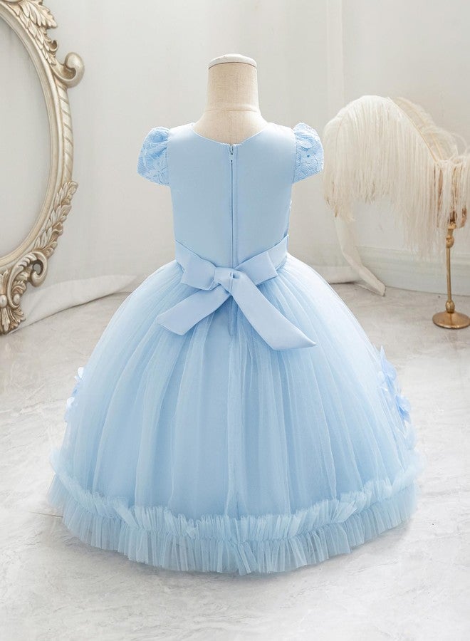 IBAKOM Baby Cap Sleeve Floral Lace 1st 2nd 3rd 4th 5t Birthday Outfits Toddler Girl Pageant Tea Party Formal Wedding Flower Girl Easter Dress First Communion Christening Ball Gown Sky Blue 3-4 Years - Image 3