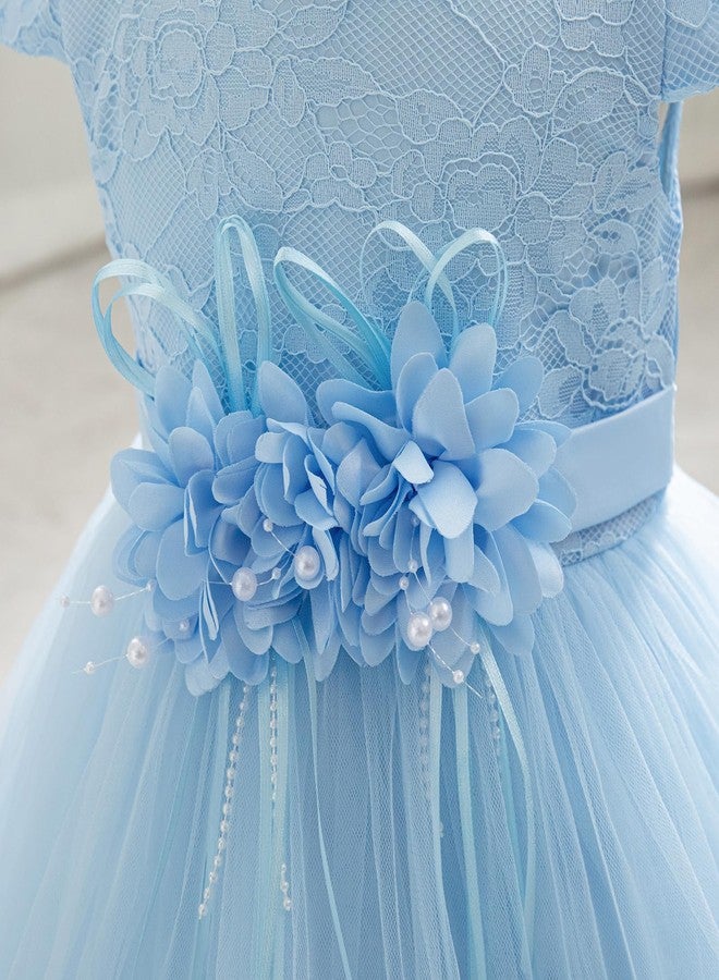IBAKOM Baby Cap Sleeve Floral Lace 1st 2nd 3rd 4th 5t Birthday Outfits Toddler Girl Pageant Tea Party Formal Wedding Flower Girl Easter Dress First Communion Christening Ball Gown Sky Blue 3-4 Years - Image 5
