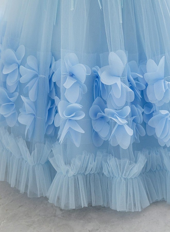 IBAKOM Baby Cap Sleeve Floral Lace 1st 2nd 3rd 4th 5t Birthday Outfits Toddler Girl Pageant Tea Party Formal Wedding Flower Girl Easter Dress First Communion Christening Ball Gown Sky Blue 3-4 Years - Image 2