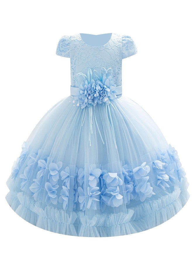 IBAKOM Baby Cap Sleeve Floral Lace 1st 2nd 3rd 4th 5t Birthday Outfits Toddler Girl Pageant Tea Party Formal Wedding Flower Girl Easter Dress First Communion Christening Ball Gown Sky Blue 3-4 Years - Image 1