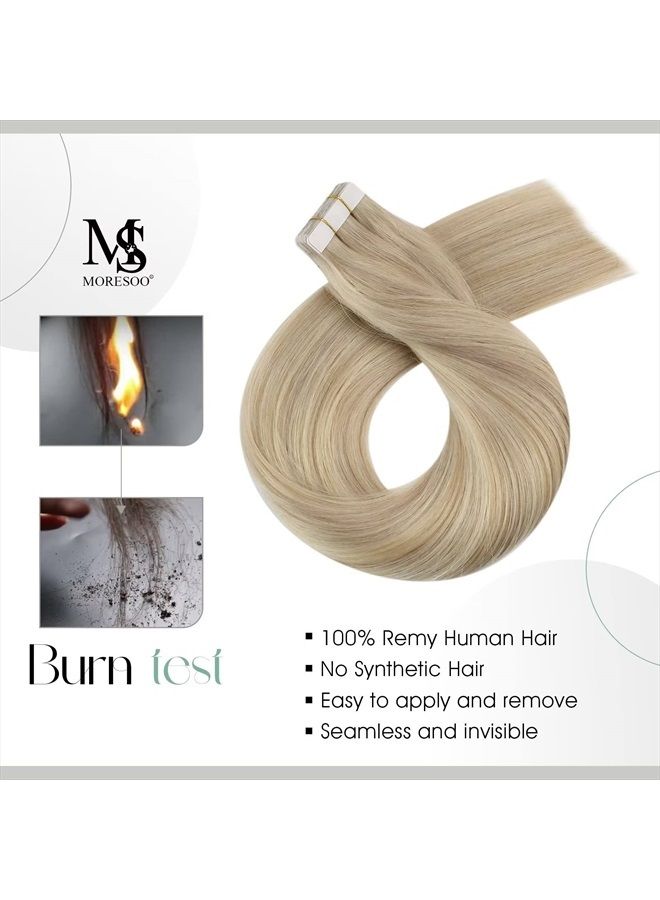 Moresoo Tape in Hair Extensions Blonde Tape in Extensions Human Hair Seamless Hair Extensions Real Human Hair Tape in Ash Blonde Mix with Bleach Blonde Tape in Real Hair 16 Inch #P18/613 20pcs 50g - Image 2