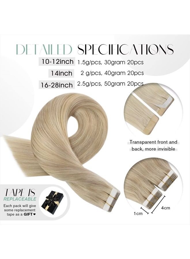 Moresoo Tape in Hair Extensions Blonde Tape in Extensions Human Hair Seamless Hair Extensions Real Human Hair Tape in Ash Blonde Mix with Bleach Blonde Tape in Real Hair 16 Inch #P18/613 20pcs 50g - Image 4