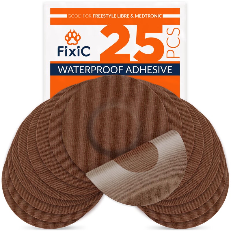 Fixic Freestyle Adhesive Patch 25 PCS Good for Libre 1 2 3 Plus Enlite Guardian NO Glue in The Center of The Patch PreCut Back Paper Long Fixation for Your Sensor Coffee