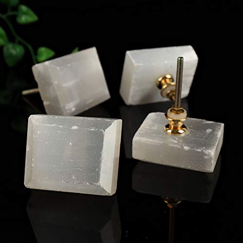 JIC Gem 4pcs White Square Cabinet Knobs Selenite Crystal Stone Handle Pulls Large for Drawer Kitchen Cabinets Wardrobe - Image 5