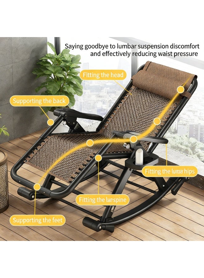 2 In 1 Folding Rattan Rocking Chair Heavy Duty Leisure Chair for Adult Home Office Nap Bed Recumbent Reclining Foldable Chair Lazy Relaxing Sofa Chair Ergonomic High Weight Capacity 500kg Space Saver No Assembly Needed Metal Frame - Image 2