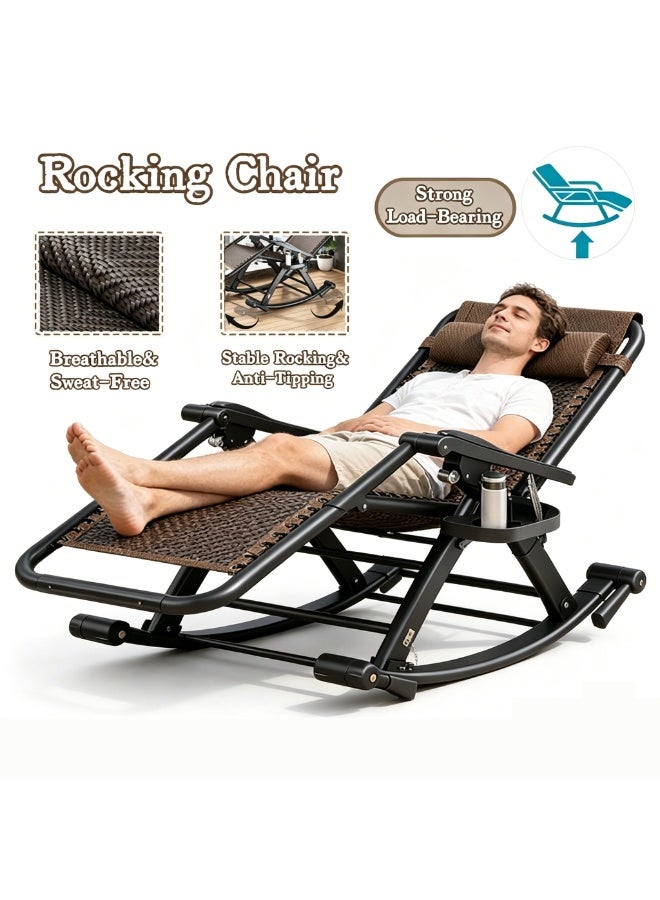 2 In 1 Folding Rattan Rocking Chair Heavy Duty Leisure Chair for Adult Home Office Nap Bed Recumbent Reclining Foldable Chair Lazy Relaxing Sofa Chair Ergonomic High Weight Capacity 500kg Space Saver No Assembly Needed Metal Frame - Image 1