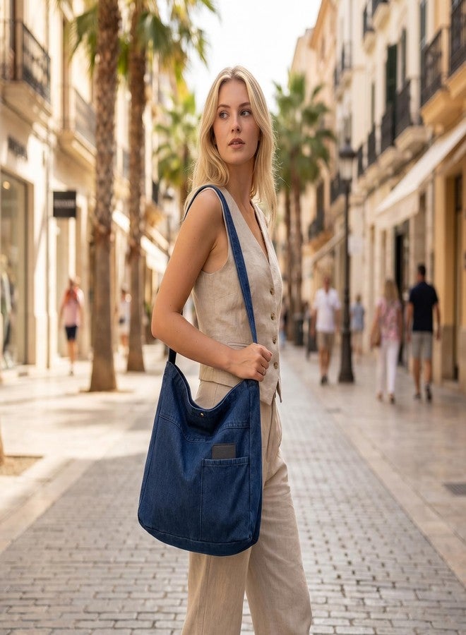 Fumwase Denim Shoulder Bag Denim Crossbody Bag Denim Tote Bags Women's Retro Large Canvas Shoulder Bag Casual Style Lightweight Bag (Dark Blue) - Image 3