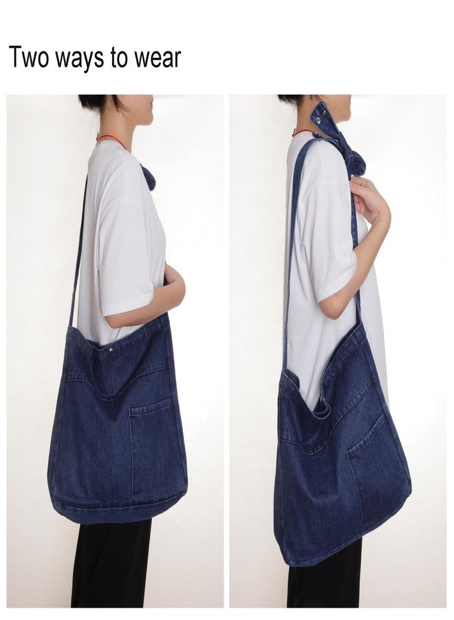 Fumwase Denim Shoulder Bag Denim Crossbody Bag Denim Tote Bags Women's Retro Large Canvas Shoulder Bag Casual Style Lightweight Bag (Dark Blue) - Image 2