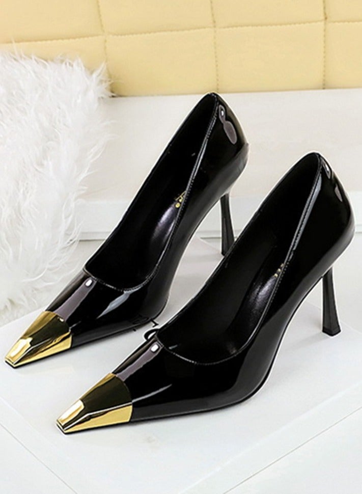 بيج تري المرأة أنيقة معدنية مغلقة أشارت إصبع القدم كعب عالية مضخات الحزب الأسود 9.5CM - Image 1