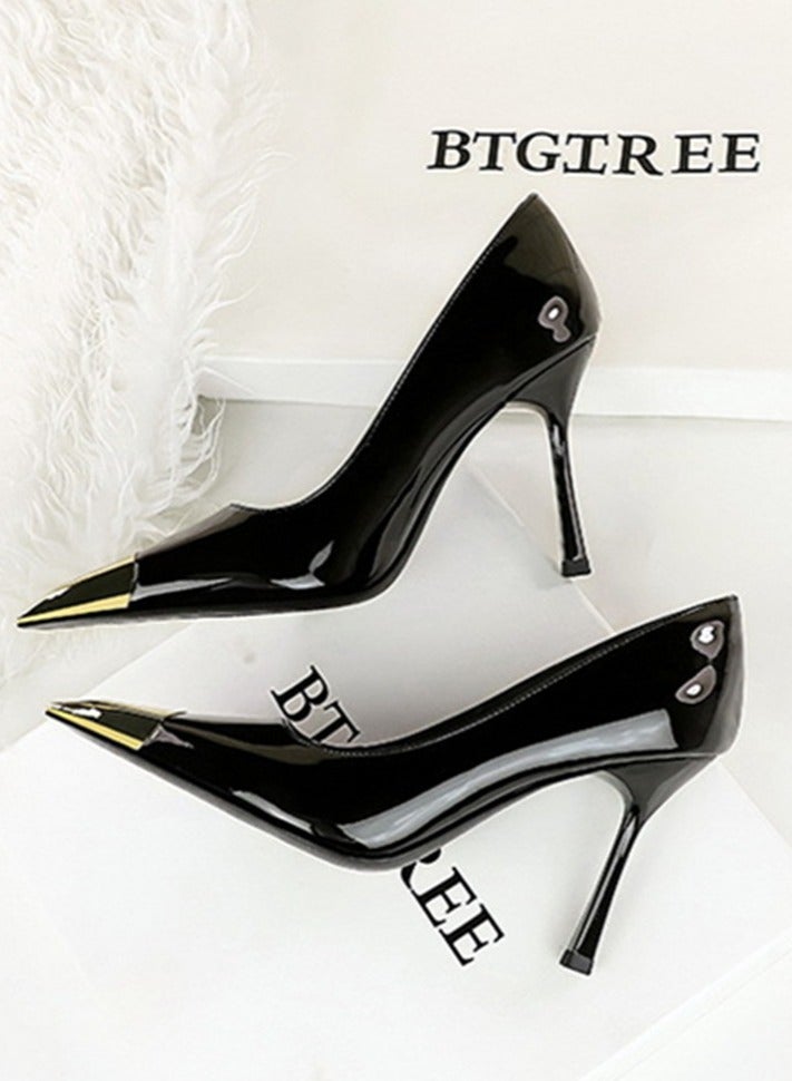 بيج تري المرأة أنيقة معدنية مغلقة أشارت إصبع القدم كعب عالية مضخات الحزب الأسود 9.5CM - Image 3