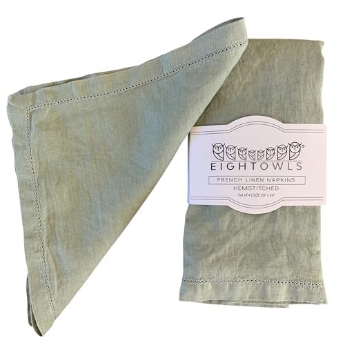 Eight Owls Hemstitched Linen Napkins – 20 Inch x 20 Inch – Stonewashed Pure Linen Cloth Dinner Napkins with Mitered Corners - 100% French Flax – Machine Washable - Set of 4 (Soft Sage Green) - Image 1