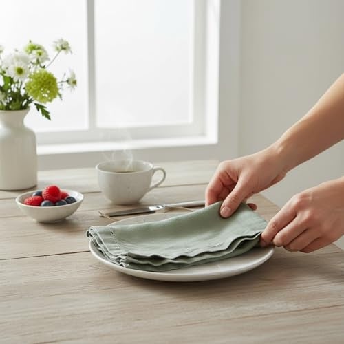 Eight Owls Hemstitched Linen Napkins – 20 Inch x 20 Inch – Stonewashed Pure Linen Cloth Dinner Napkins with Mitered Corners - 100% French Flax – Machine Washable - Set of 4 (Soft Sage Green) - Image 5