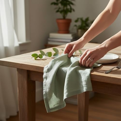 Eight Owls Hemstitched Linen Napkins – 20 Inch x 20 Inch – Stonewashed Pure Linen Cloth Dinner Napkins with Mitered Corners - 100% French Flax – Machine Washable - Set of 4 (Soft Sage Green) - Image 3