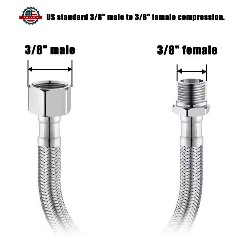 BENELOO Water Supply Extension Line - 8 Inch Long, 3/8" Male Comp. To 3/8" Female Compression Stainless Steel Braided Hose, Fits Toilet Ballcock or Other Faucet Fitting - 2 Pieces - Image 2