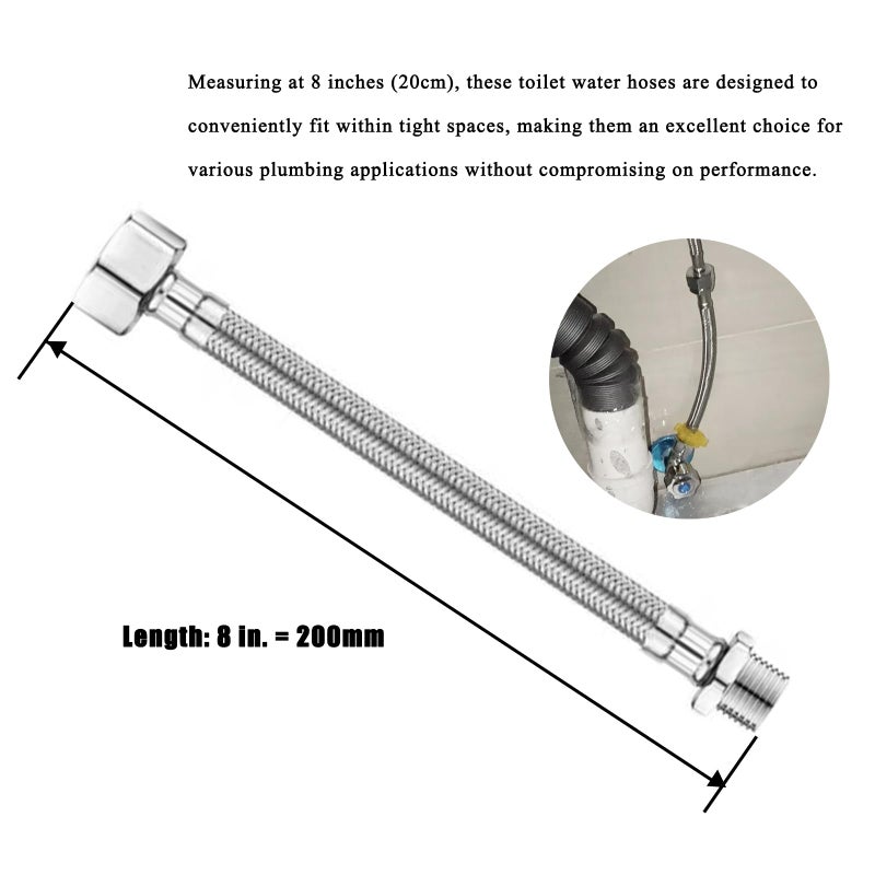 BENELOO Water Supply Extension Line - 8 Inch Long, 3/8" Male Comp. To 3/8" Female Compression Stainless Steel Braided Hose, Fits Toilet Ballcock or Other Faucet Fitting - 2 Pieces - Image 3