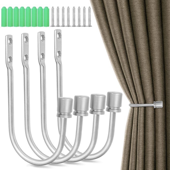 Curtain Holdbacks 4 Pack Curtain Tiebacks for Curtains Brushed Nickel Curtain Holders Pull Backs for Wall Drapery Tieback Hooks for Indoor Outdoor