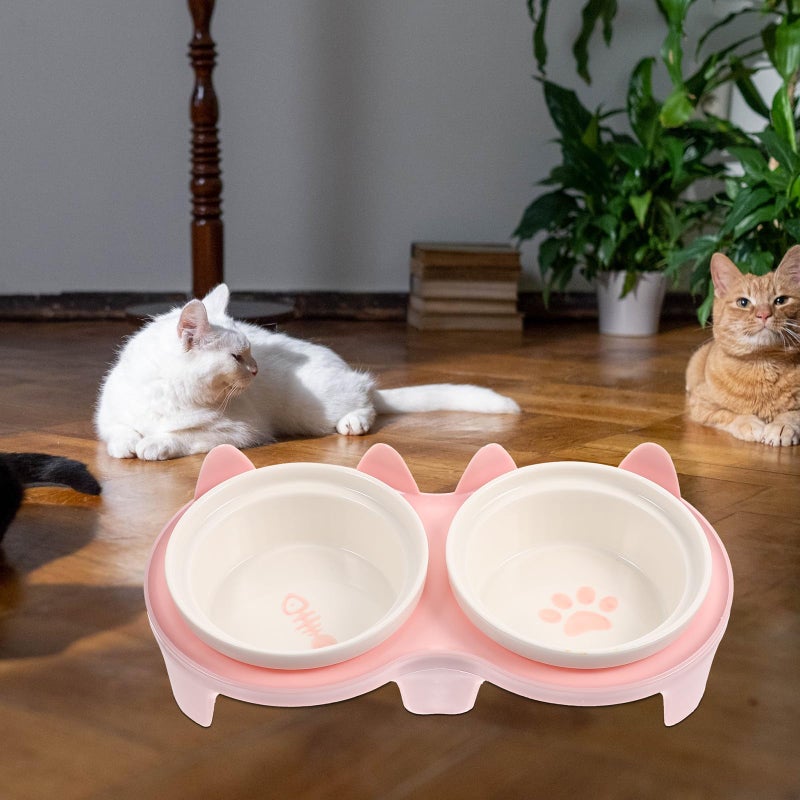 Pink Ceramic Raised Cat Bowl Set with Non Slip Stand for Neck Support - Image 5