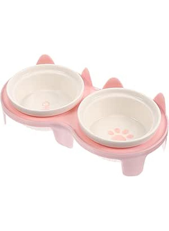 Pink Ceramic Raised Cat Bowl Set with Non Slip Stand for Neck Support - Image 1