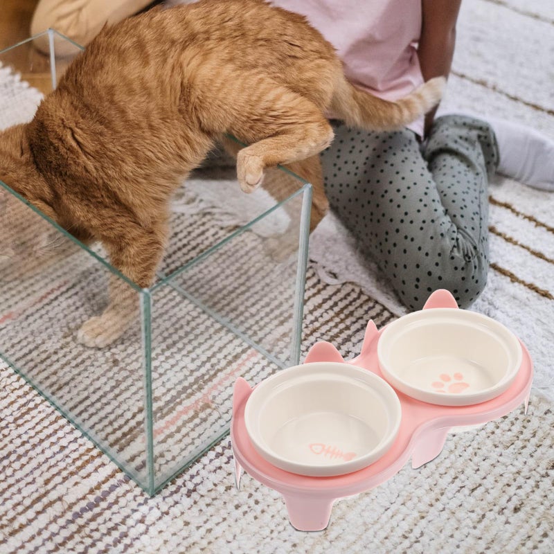 Pink Ceramic Raised Cat Bowl Set with Non Slip Stand for Neck Support - Image 4
