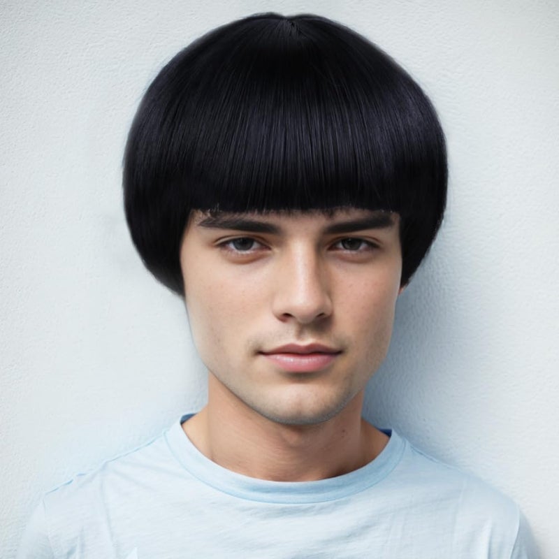 RightOn Short Black Bowl Cut Wig 80s Outfit For Men Synthetic Wigs Mushroom Hair for Party Halloween Hairnet Include