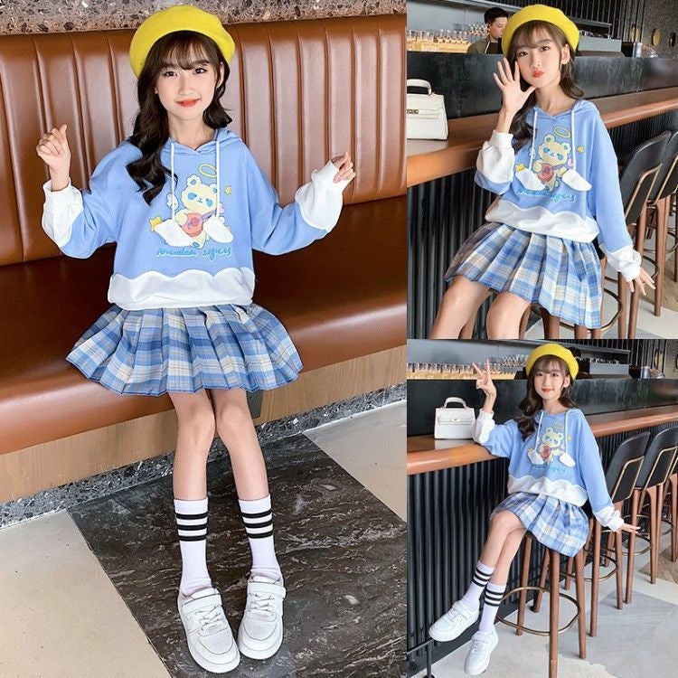Girls Autumn Fashion JK Hoodie  Pleated Skirt Set Blue 