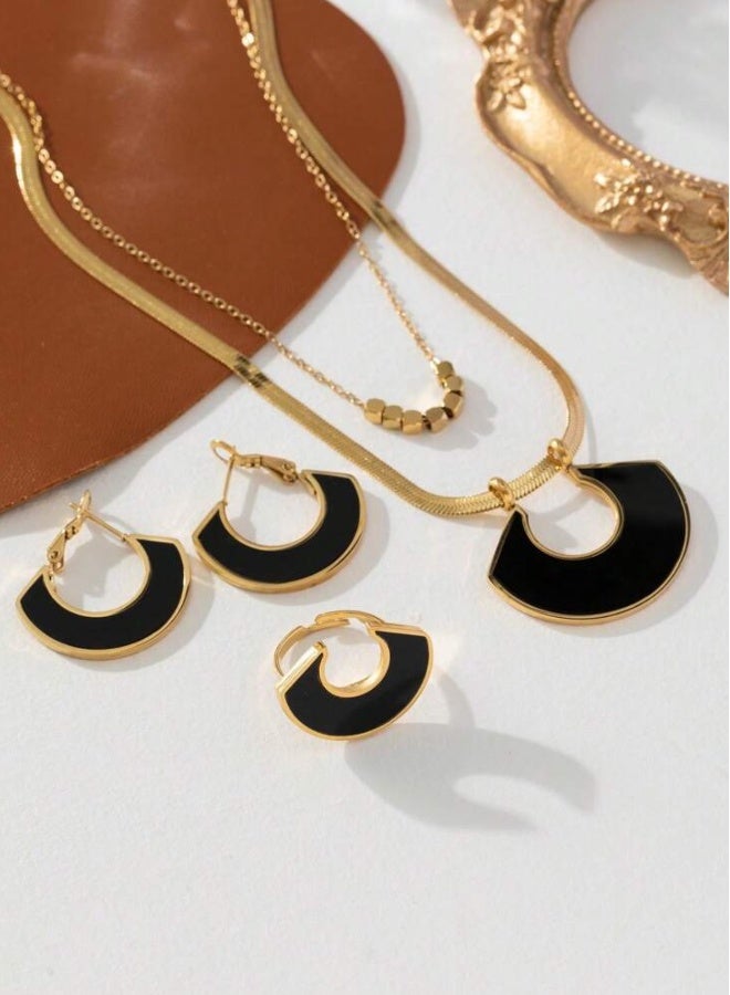 Women's Elegant Gold Stainless Steel Necklace u0026 Earrings u0026 Ring Jewellery Set - Image 3