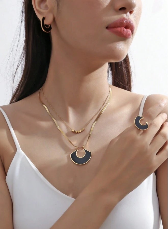 Women's Elegant Gold Stainless Steel Necklace u0026 Earrings u0026 Ring Jewellery Set - Image 1