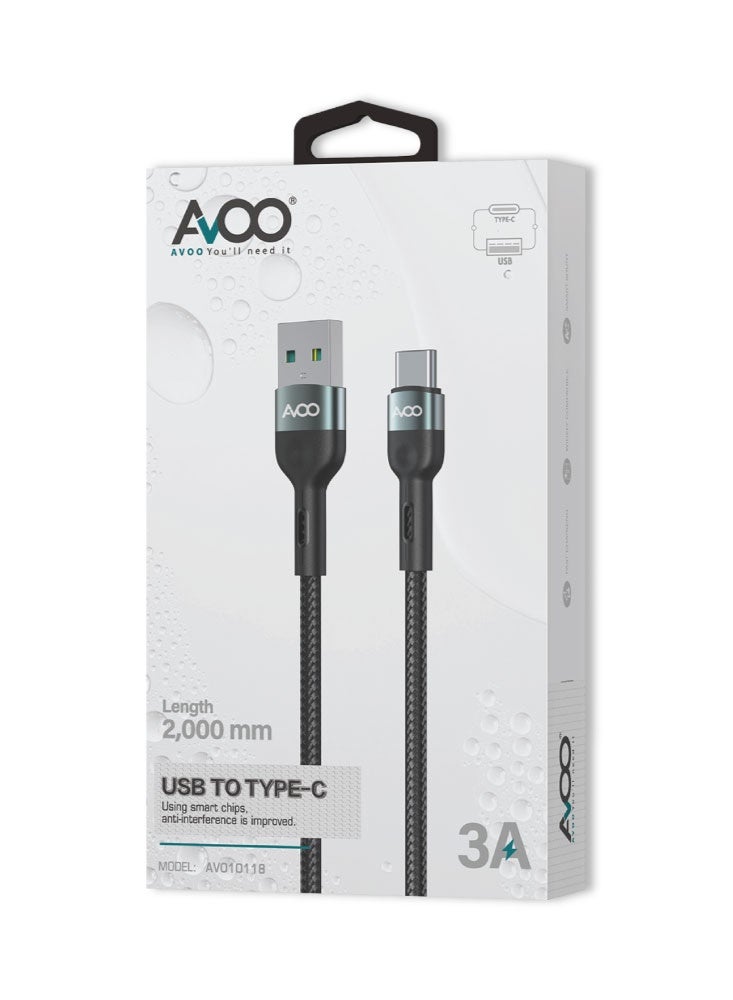 AVOO 2 Meter Fast Charging Cable – USB to Type-C 3A, Durable Braided High-Speed Data and Charging Cable for Modern Devices - Image 2