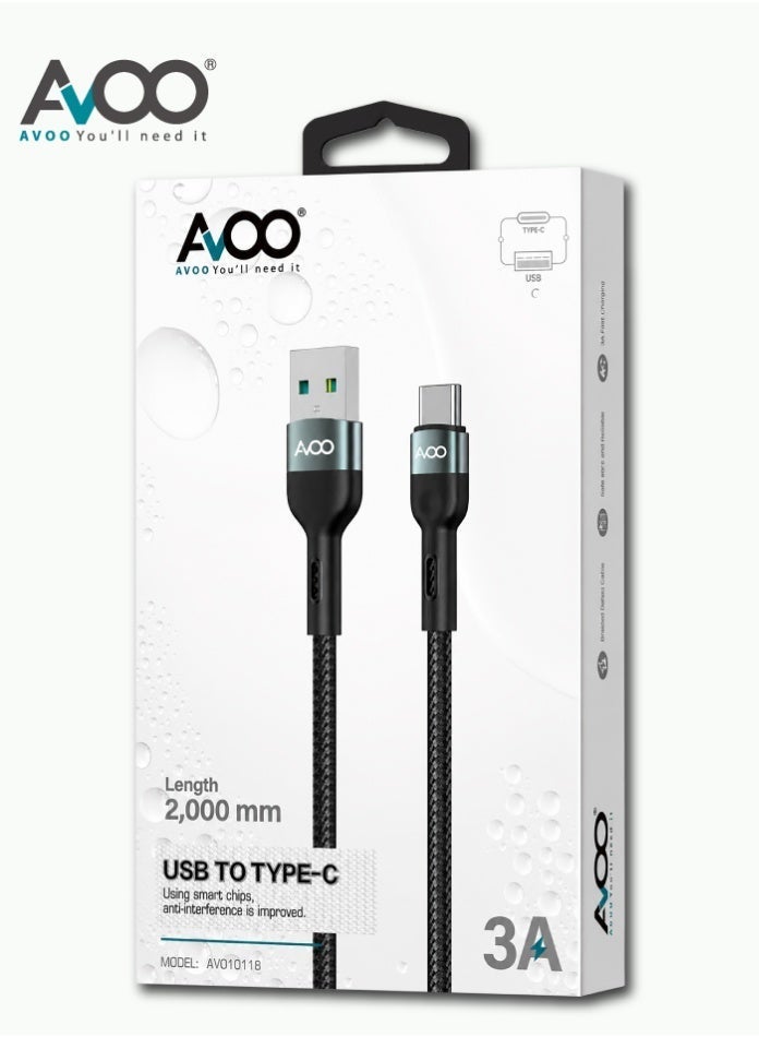 AVOO 2 Meter Fast Charging Cable – USB to Type-C 3A, Durable Braided High-Speed Data and Charging Cable for Modern Devices - Image 2