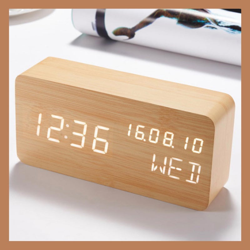 Pokanic Wood Digital Alarm Clock Desk Time DateMMDDYY Day of The Week Temperature Nightlight Large LED Display Portable Lamp Bedroom Office School Home Livingroom Room Bamboo