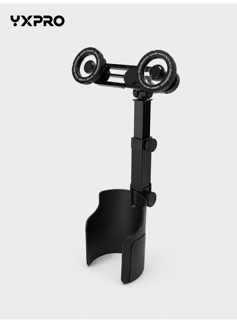 YXPRO 2-in-1 Dual Magnetic Car Cup Holder Phone Mount, Dual-Head Magnetic Car Phone Holder with Drink Cup Holder, 360° Rotatable Adjustable Height Cell Phone Stand, Expanding Cup Holder Base Fits Most Cars SUVs Trucks, Compatible with iPhone Samsung Android - Image 1