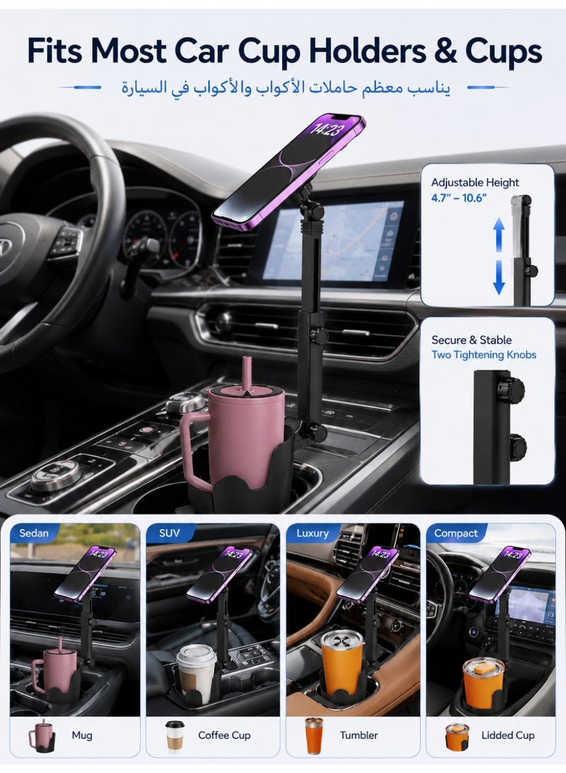 YXPRO 2-in-1 Dual Magnetic Car Cup Holder Phone Mount, Dual-Head Magnetic Car Phone Holder with Drink Cup Holder, 360° Rotatable Adjustable Height Cell Phone Stand, Expanding Cup Holder Base Fits Most Cars SUVs Trucks, Compatible with iPhone Samsung Android - Image 3