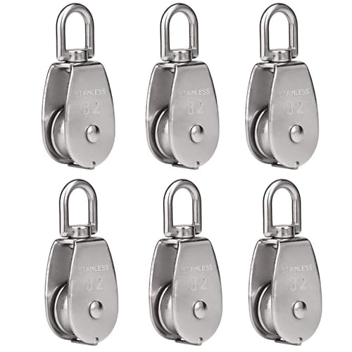 Rocaris 6 Pack M32 Stainless Steel Wire Rope Crane Pulley Block 551lbs Lifting Crane Swivel Hook Single Pulley Block Hanging Wire Towing Wheel - Image 1