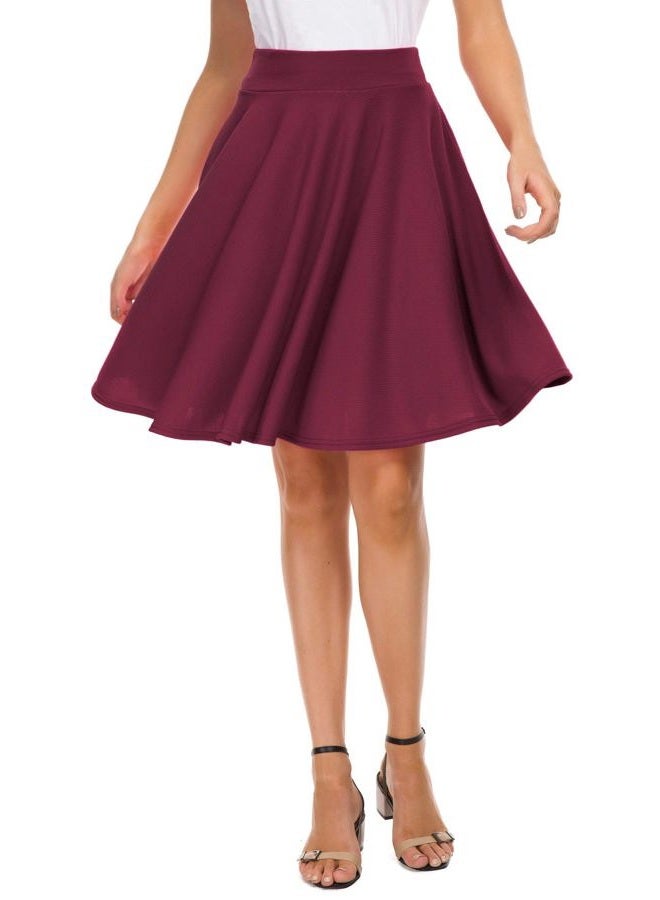 EXCHIC Women's Casual Stretchy Flared Midi Skater Skirts Basic A-Line Pleated Midi Skirt (M, Wine Red) - Image 1