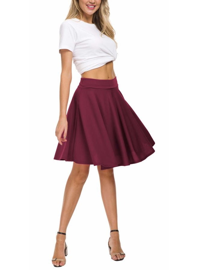 EXCHIC Women's Casual Stretchy Flared Midi Skater Skirts Basic A-Line Pleated Midi Skirt (M, Wine Red) - Image 3