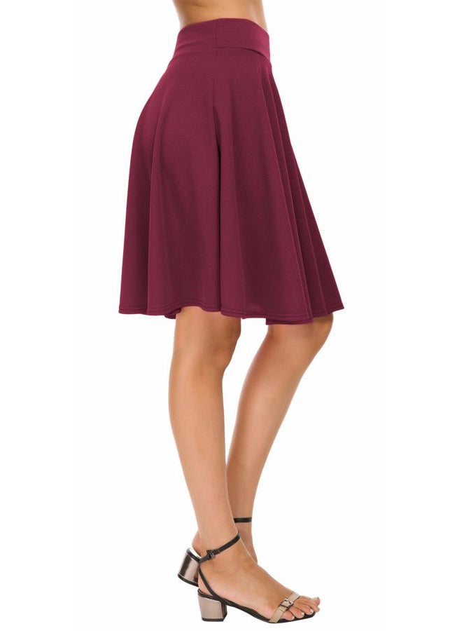 EXCHIC Women's Casual Stretchy Flared Midi Skater Skirts Basic A-Line Pleated Midi Skirt (M, Wine Red) - Image 4