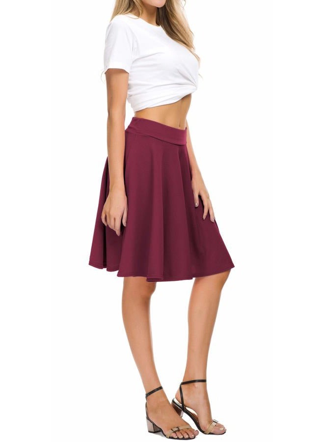 EXCHIC Women's Casual Stretchy Flared Midi Skater Skirts Basic A-Line Pleated Midi Skirt (M, Wine Red) - Image 2