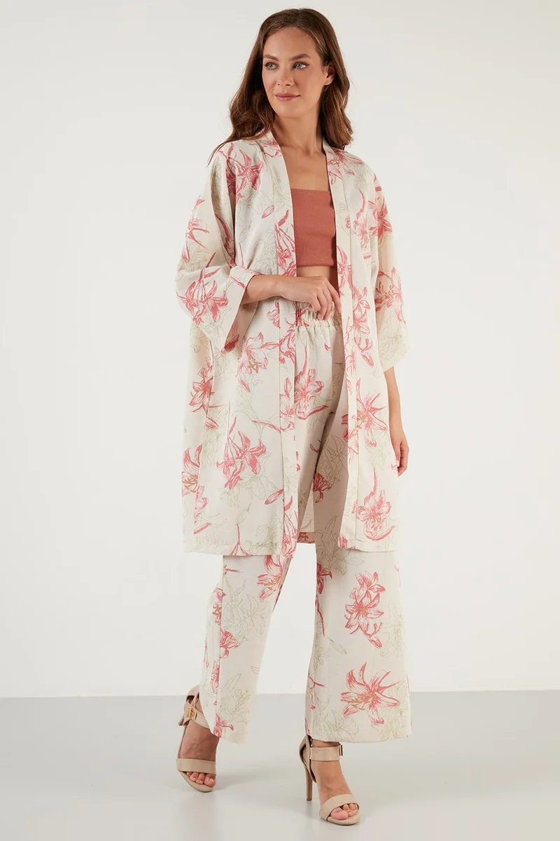 Lela Linen Three Quarter Sleeve Comfortable Pattern Kimono Trousers Suit Women's Suit 42190438