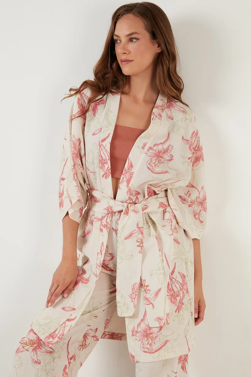 Lela Linen Three Quarter Sleeve Comfortable Pattern Kimono Trousers Suit Women's Suit 42190438