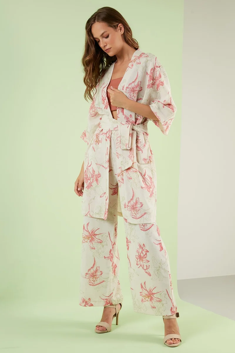 Lela Linen Three Quarter Sleeve Comfortable Pattern Kimono Trousers Suit Women's Suit 42190438