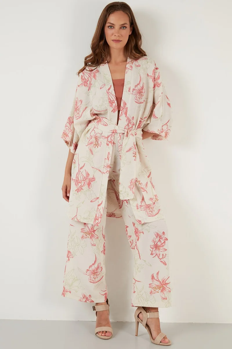 Lela Linen Three Quarter Sleeve Comfortable Pattern Kimono Trousers Suit Women's Suit 42190438